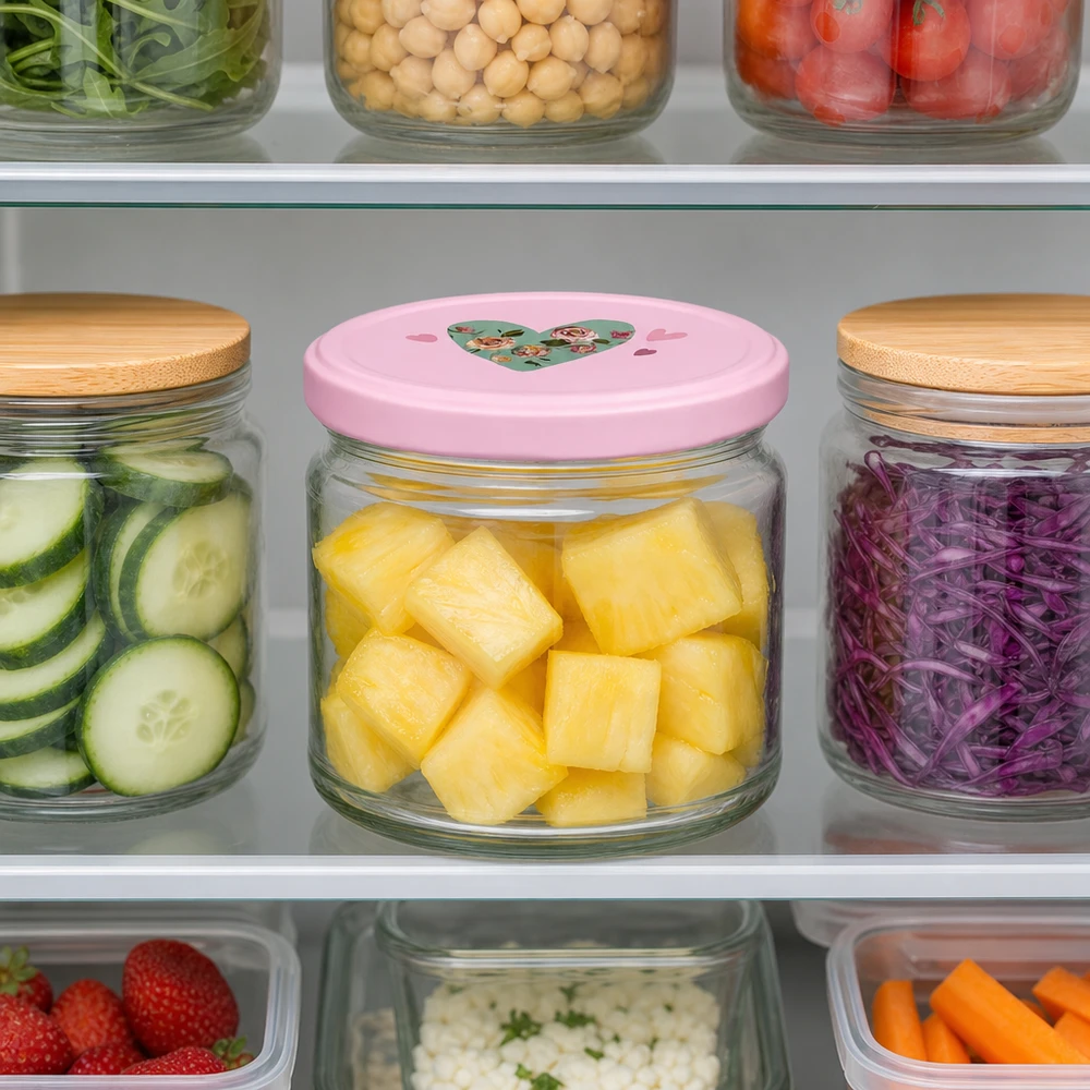 330ml Rundglas mit rosa Herz-Deckel gefüllt mit Ananas-Stücken im Kühlschrank neben Gemüse und Obst