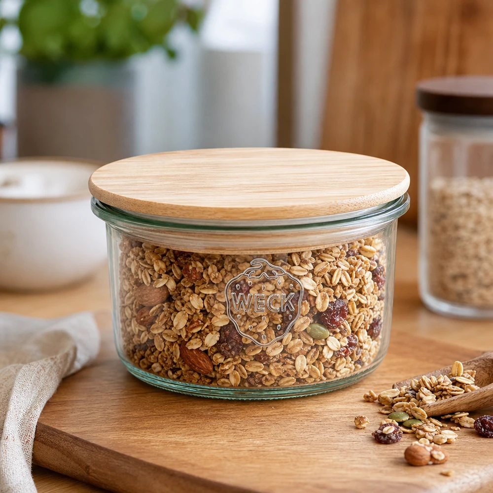 165ml Sturzglas WECK RR80 mit Holzdeckel WECK Sturzglas RR80 165ml mit Bambusdeckel gefüllt mit Müsli-Mix auf Holzbrett in moderner Küche