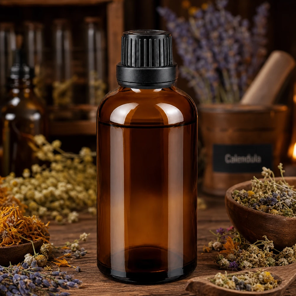 Apothekenflasche braun 50ml Schraubverschluss schwarz Dichteinlage Originalitätsverschluss Apothekerflasche 50ml Braunglas mit Originalverschluss schwarz neben Holzmörser und Kräuterschalen