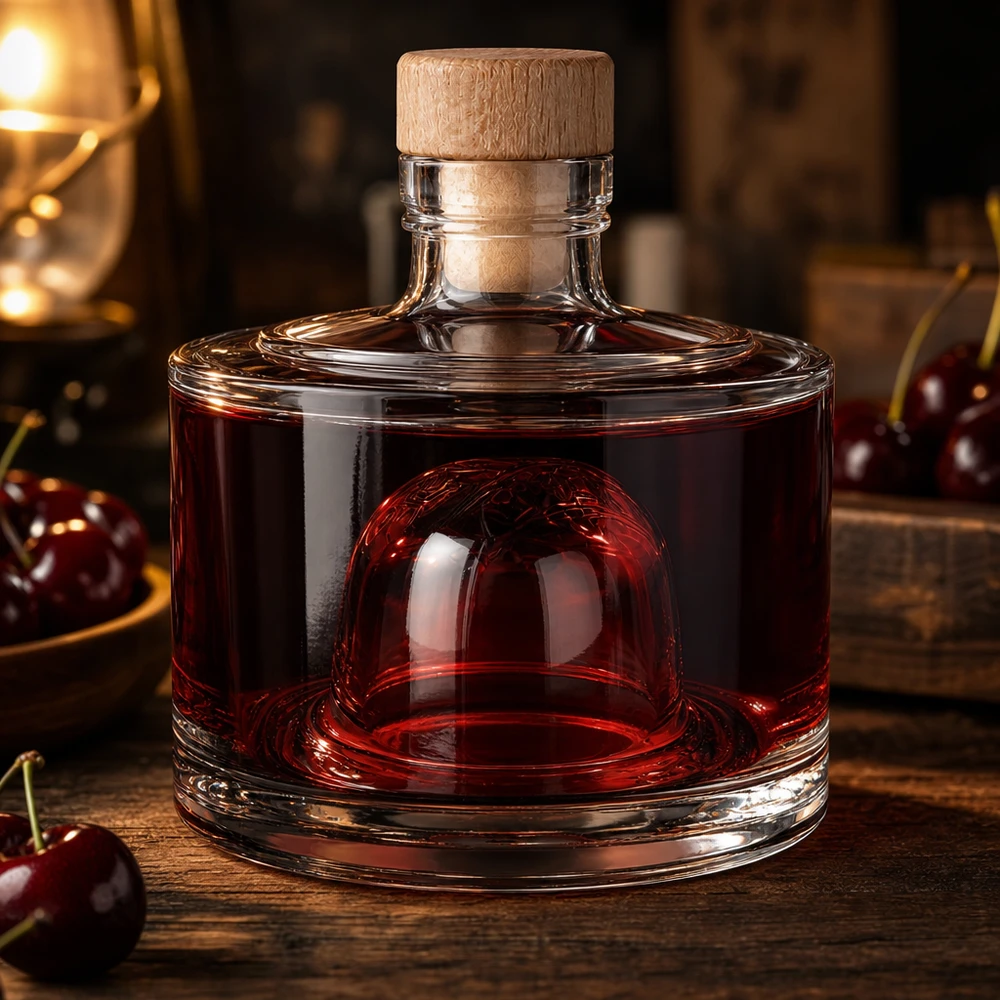 200ml Glasflasche "Barbara" mit Holzgriff-Korken UNiTWIST 200ml Glasflasche Barbara mit roter Kirschlikör Füllung edle Präsentation auf rustikalem Holz atmosphärische Beleuchtung