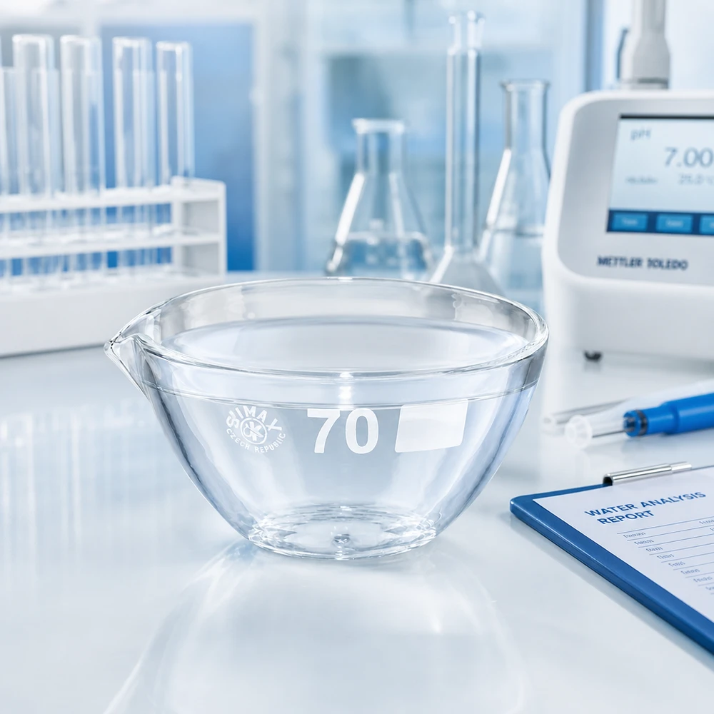 60ml Abdampfschale mit Ausguss Borosilikat ø70mm Hochpräzise Borosilikat Abdampfschale 60ml mit Ausguss für wissenschaftliche Messungen und Analysen