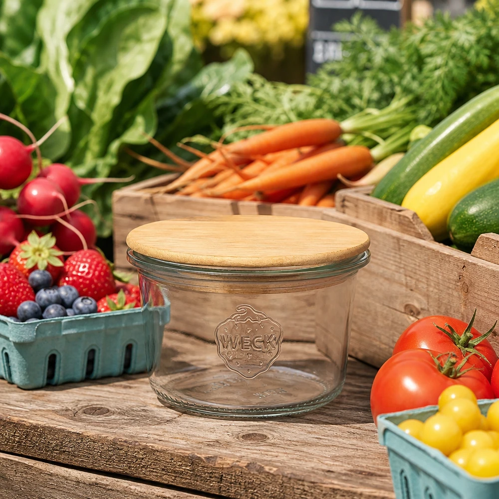 80ml Sturzglas WECK RR60 mit Holzdeckel WECK Sturzglas 80ml RR60 mit Bambusdeckel auf Holztisch zwischen frischem Gemüse Obst Marktstand Atmosphäre