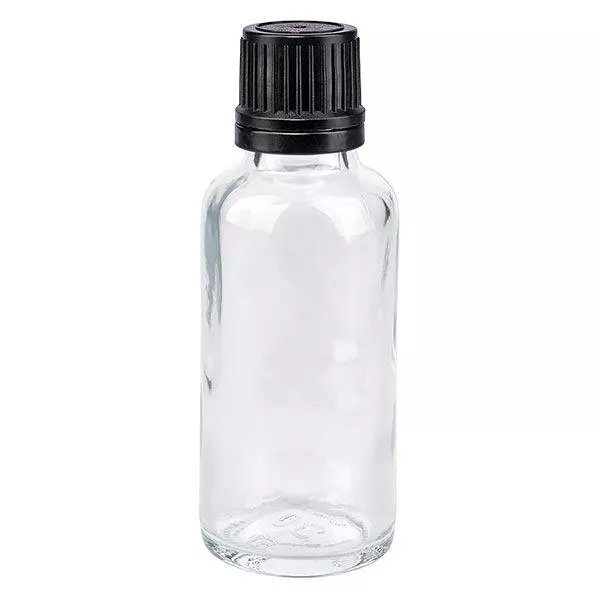 Apothekenflasche klar 30ml Tropfverschluss Giessring 1mm schwarz Originalitätsverschluss Apothekenflasche klar 30ml Tropfverschluss Giessring 1mm schwarz Originalitätsverschluss