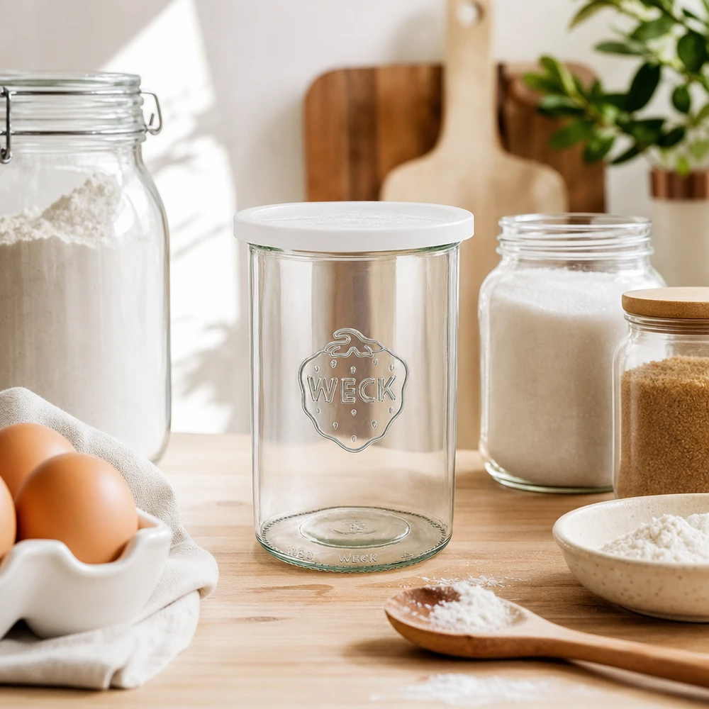 1000ml Sturzglas mit Frischedeckel WECK RR100 WECK Sturzglas 1000ml RR100 leeres Einmachglas mit Frischedeckel zwischen Mehl Eiern und Küchenutensilien zeigt Backzube