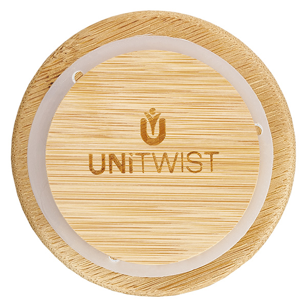 Holzdeckel "Peperoni" für WECK RR60 UNITWIST Holzdeckel RR60 Draufsicht mit eingelasertem Logo und transparentem Silikon-Dichtungsring für WECK Gläser