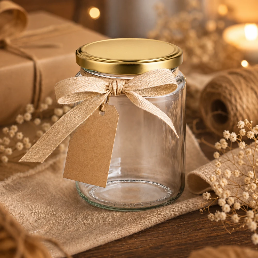 450g Honigglas leer mit Schleifenband und Geschenkanhänger rustikale Dekoration BasicSeal Glas als Geschenkverpackung