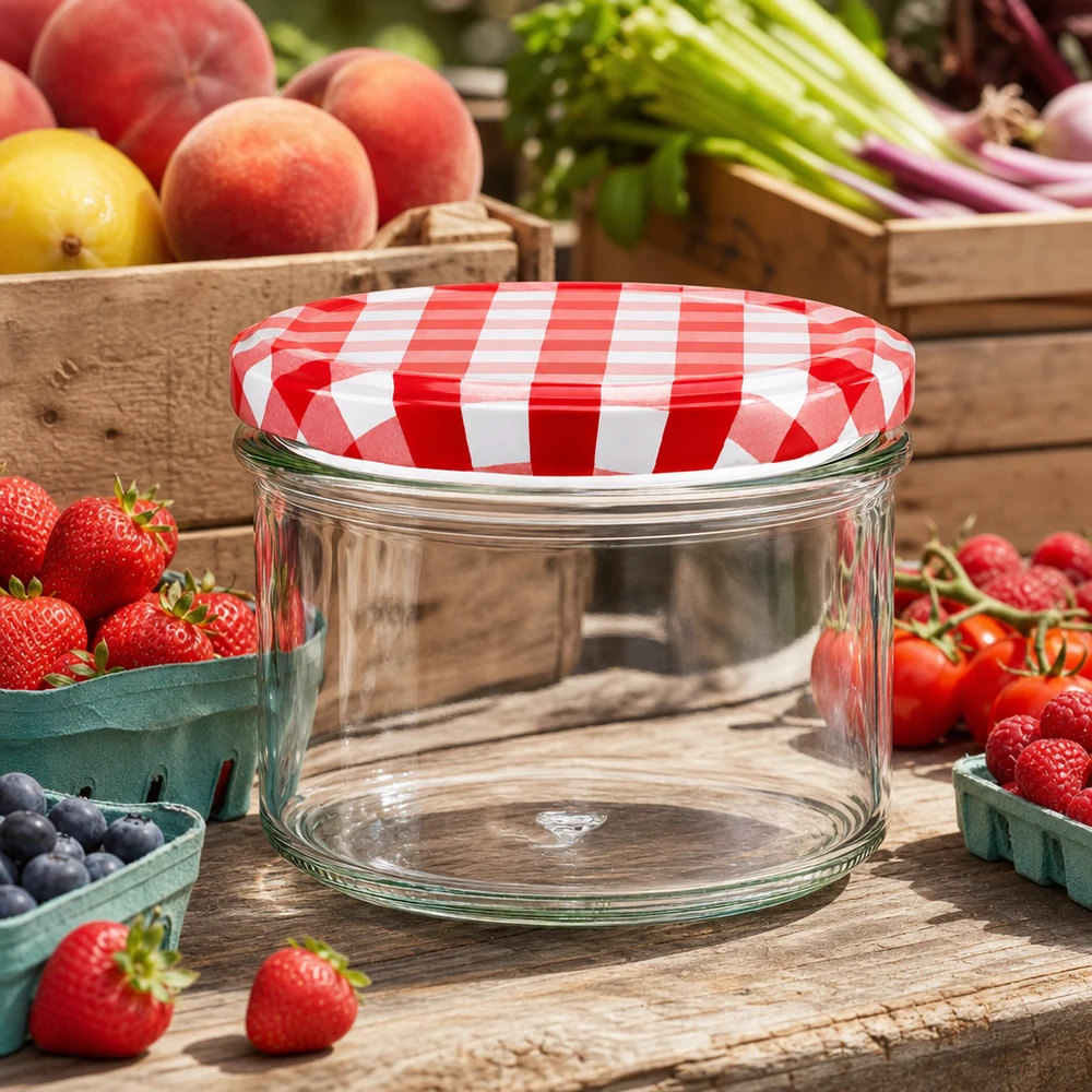 225ml Sturzglas + BasicSeal Deckel rot/weiß UNiTWIST 225ml Sturzglas leer mit rot-weiß kariertem BasicSeal Deckel umgeben von frischem Obst und Gemüse zum Einkochen