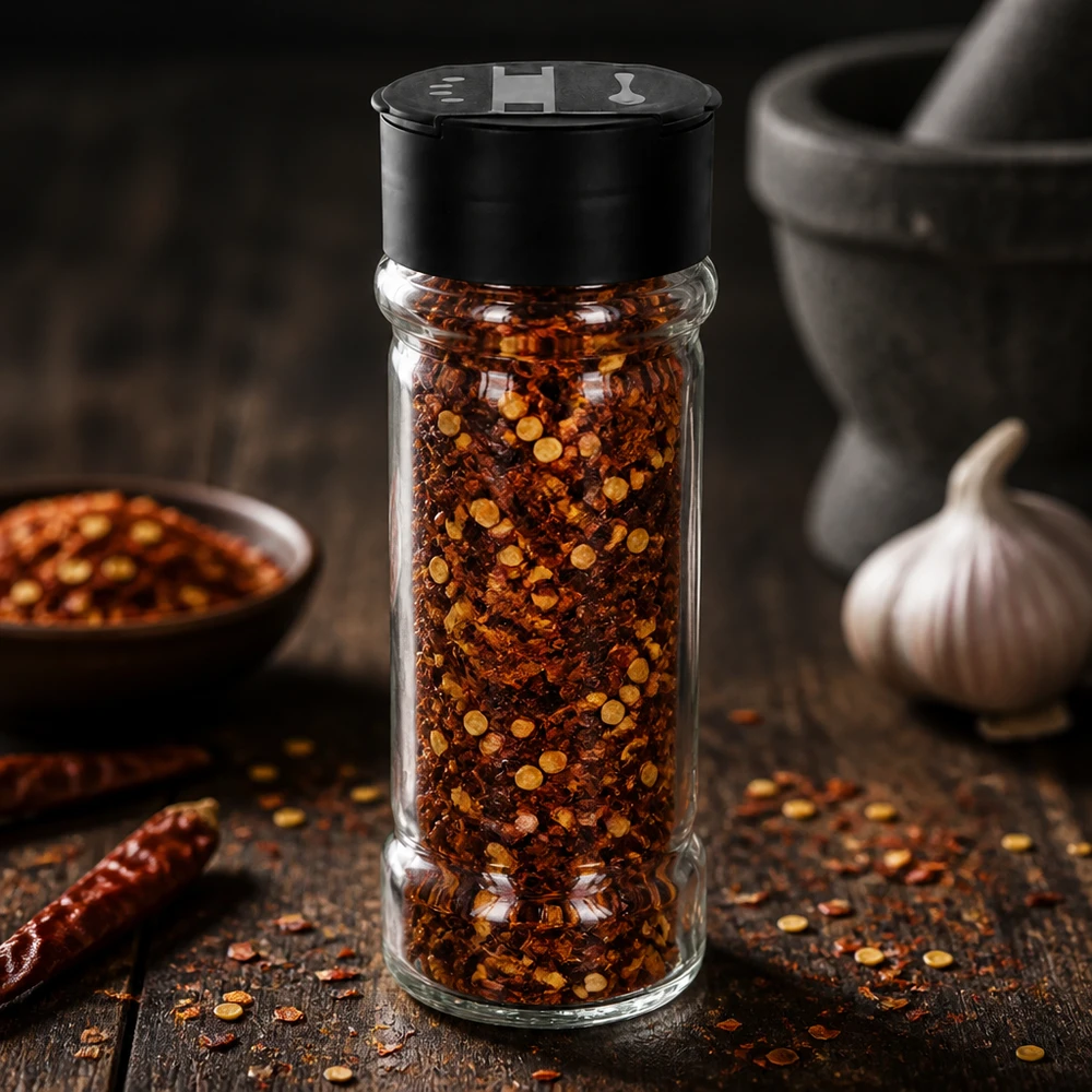Salz-/Gewürzglas 100ml mit Doppelstreuer schwarz Rundes 100ml Salz- und Gewürzglas mit schwarzem Doppelstreuer zwischen getrockneten Chilischoten