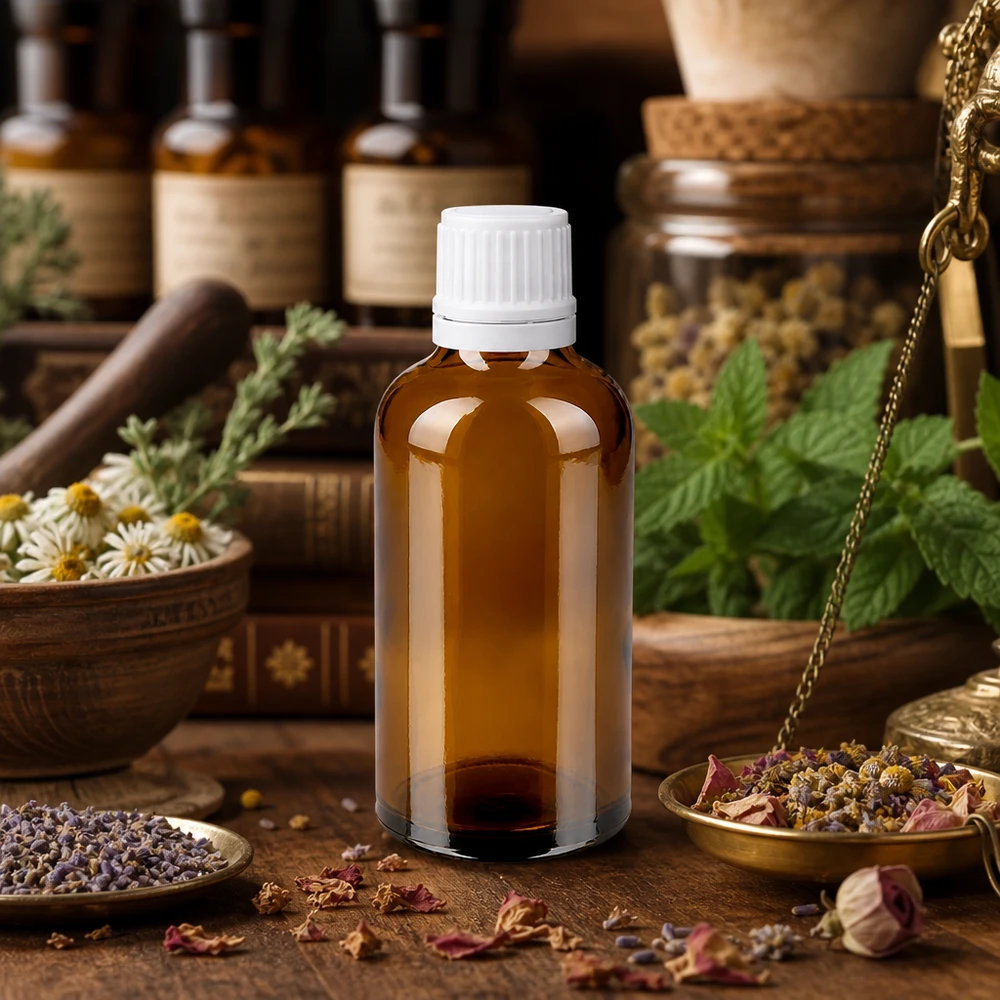 Kompakte 50ml Apothekerflasche braun mit weißem Kindersicherheitsverschluss für Kräuteröle