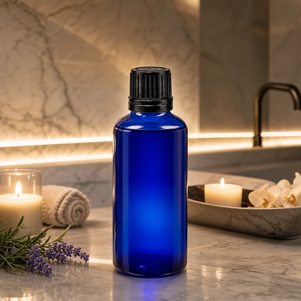 Schlanke kobaltblaue 50ml Glasflasche mit gerilltem Schwarzverschluss vor Marmorfliesen