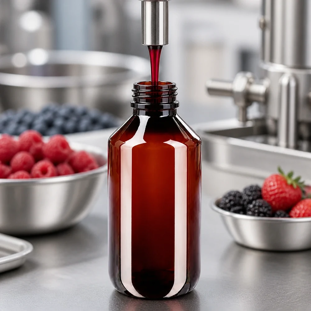 Lichtundurchlässige PET Flasche 200ml beim automatischen Befüllen in Lebensmittelbetrieb
