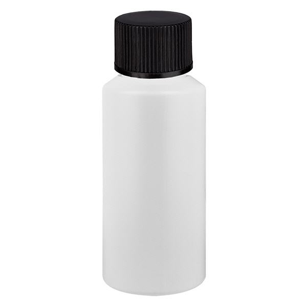Apothekenflasche HDPE 30ml weiß, mit schwarzem Schraubverschluss Apothekenflasche HDPE 30ml weiß, mit schwarzem Schraubverschluss