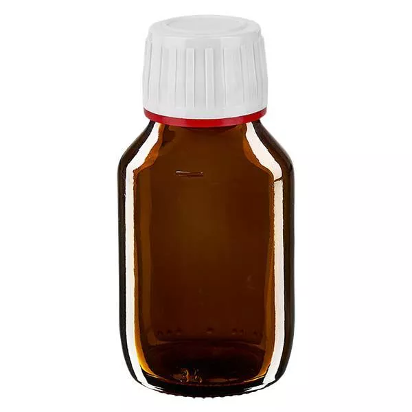 50ml Medizinflasche braun, Verschluss weiß mit Originalitätsring rot ApoGlas 50ml Medizinflasche braun, Verschluss weiß mit Originalitätsring rot ApoGlas