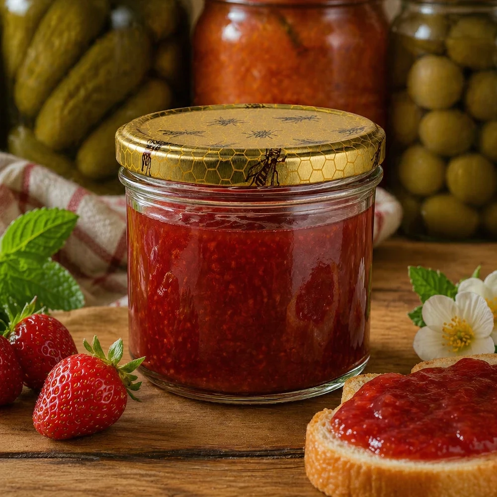 Bienenwaben-Honigglas 250g mit Marmelade gefüllt neben frischen Erdbeeren und Brot auf Holztisch