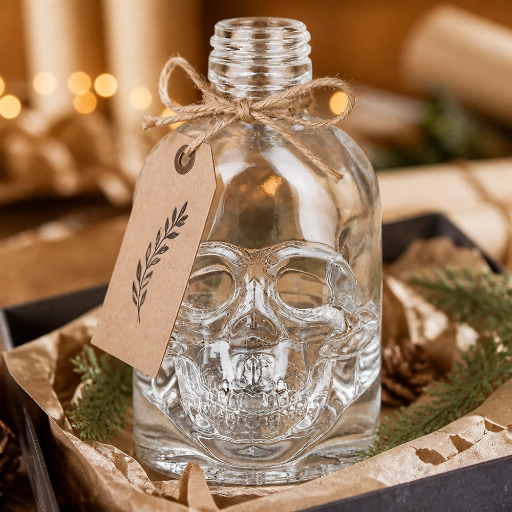 50ml Glasflasche "Hector" ohne Schrauberschluss UNiTWIST 50ml Totenkopf Glasflasche Hector als Geschenk dekoriert mit Anhänger und Bast in rustikaler Holzbox UNiTWIST