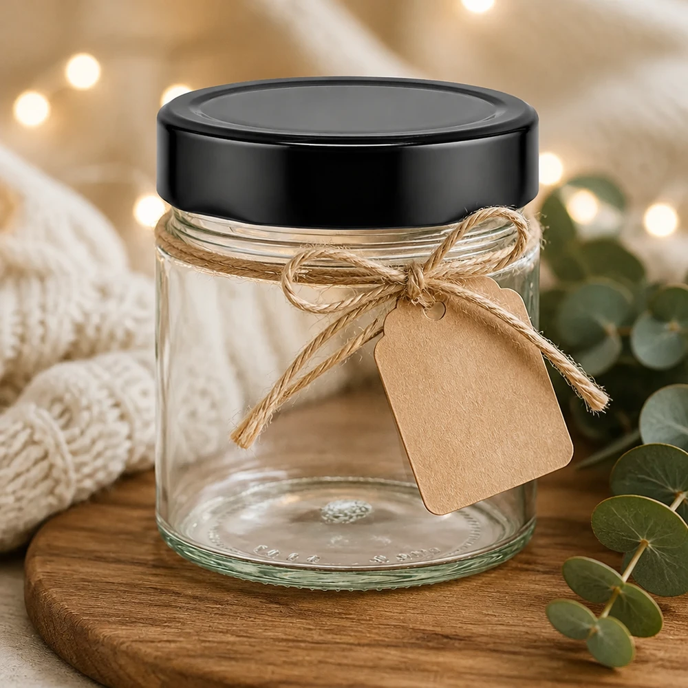 Kleines Vorratsglas 135ml schwarz dekoriert mit Anhänger ideal als Gastgeschenk