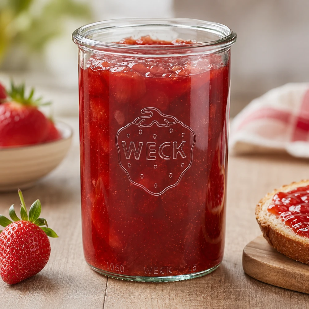1000ml Sturzglas WECK RR100 WECK Sturzglas 1000ml RR100 mit Erdbeermarmelade gefüllt auf Holztisch mit frischen Erdbeeren und Brot