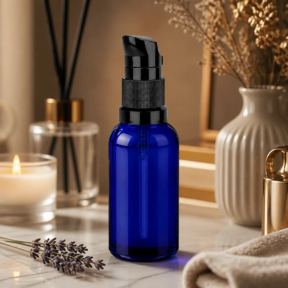 30ml Pumpflasche schwarz Standardverschluss BlueLine UT18/30 Kompakter 30ml Glasbehälter BlueLine mit präzisem Dosierpumpspender für tägliche Pflege