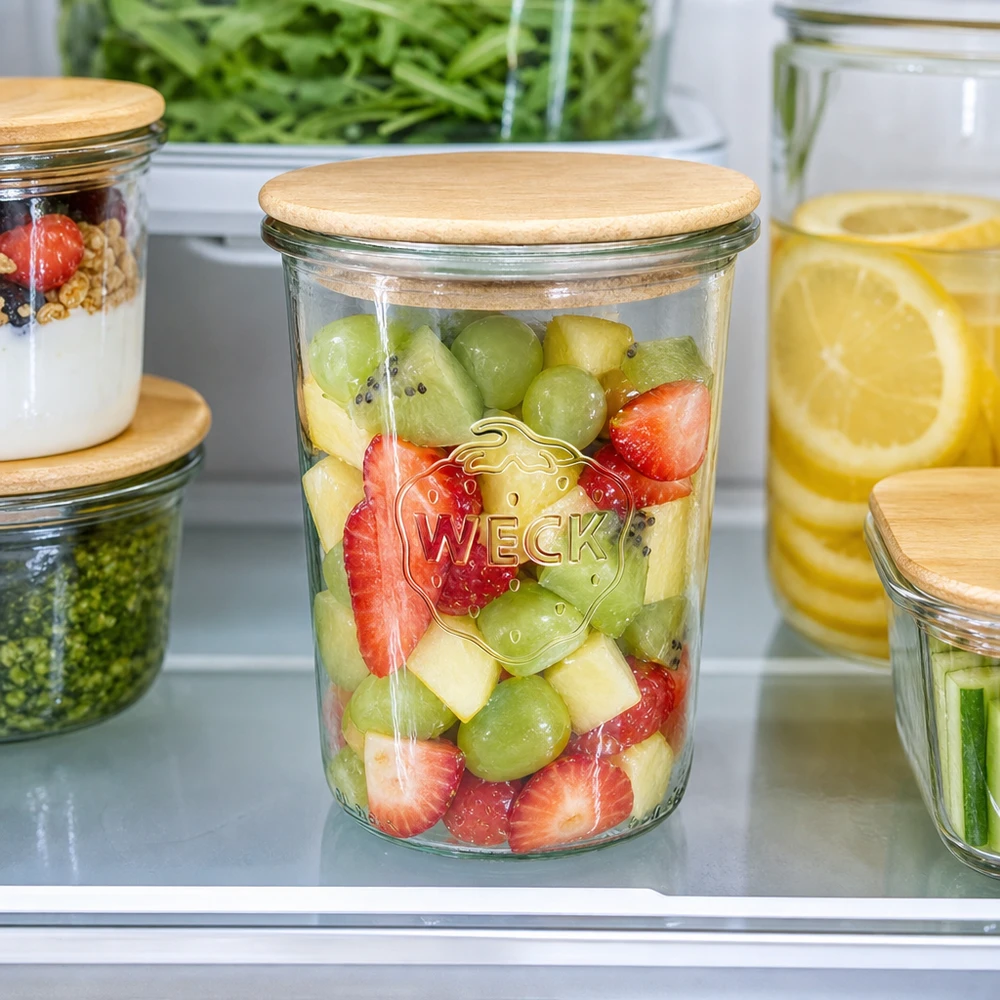 850ml Sturzglas WECK RR100 mit Holzdeckel WECK Sturzglas 850ml RR100 Holzdeckel Kühlschrank Obstsalat Meal Prep frische Früchte Kiwi Erdbeeren Aufbewahrung