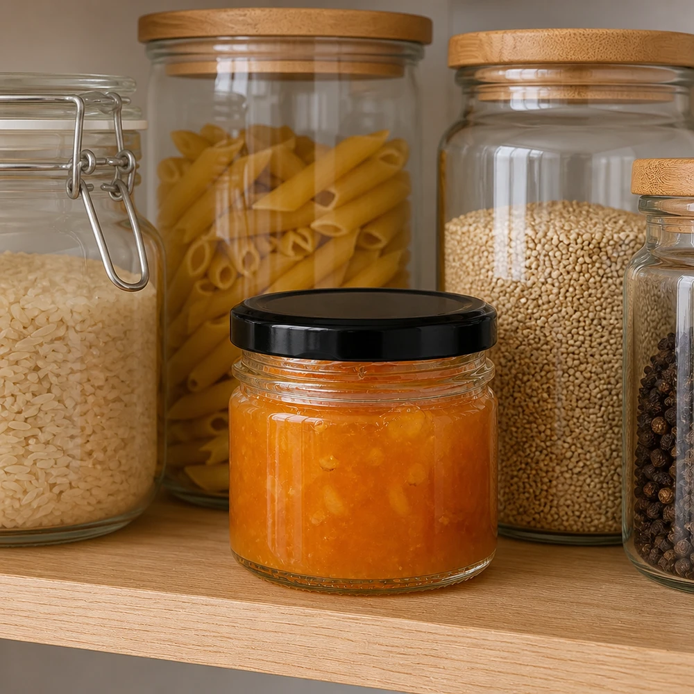 Portionsglas 33ml mit luftdichtem schwarzem Deckel ideal für Marmeladen und Gewürzpasten