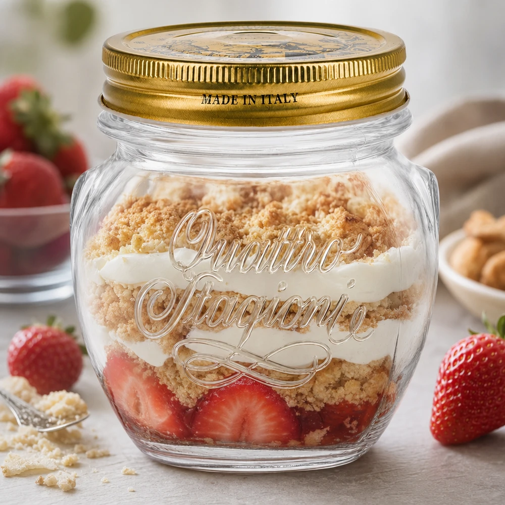300ml Rundglas "Quattro Stagioni" mit Deckel Quattro Stagioni 300ml Rundglas mit goldenem Deckel gefüllt mit Schichtdessert aus Erdbeeren und Streuseln Made in Italy