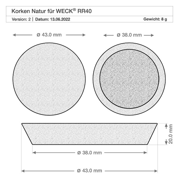 145ml Zylinderglas WECK RR40 mit Korken natur Technische Zeichnung WECK RR40 Korken natur Ø43mm Ø38mm 20mm Höhe Maße Spezifikation für 145ml Zylinderglas