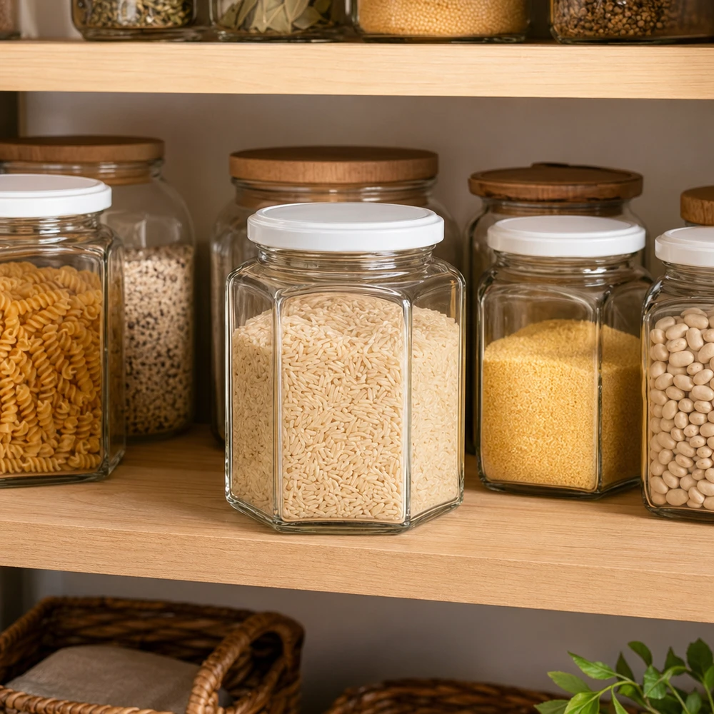 400g Honigglas mit weißem Deckel BasicSeal UNiTWIST 400g Honigglas sechseckig in organisierter Vorratsküche mit Reis gefüllt zwischen anderen Vorratsgläsern auf Holzregal