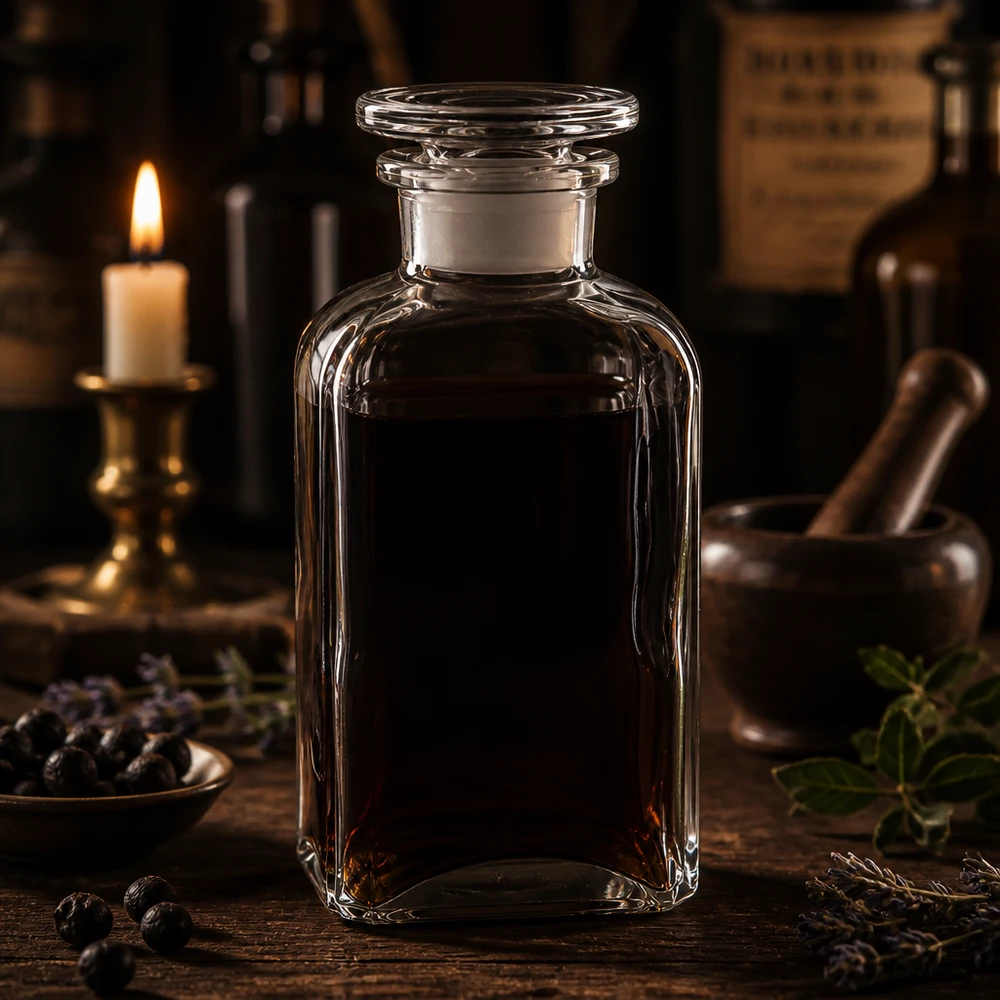 Antike Apothekenflasche 250ml klar vierkantig mit Glasdeckel im Kerzenlicht Atmosphäre