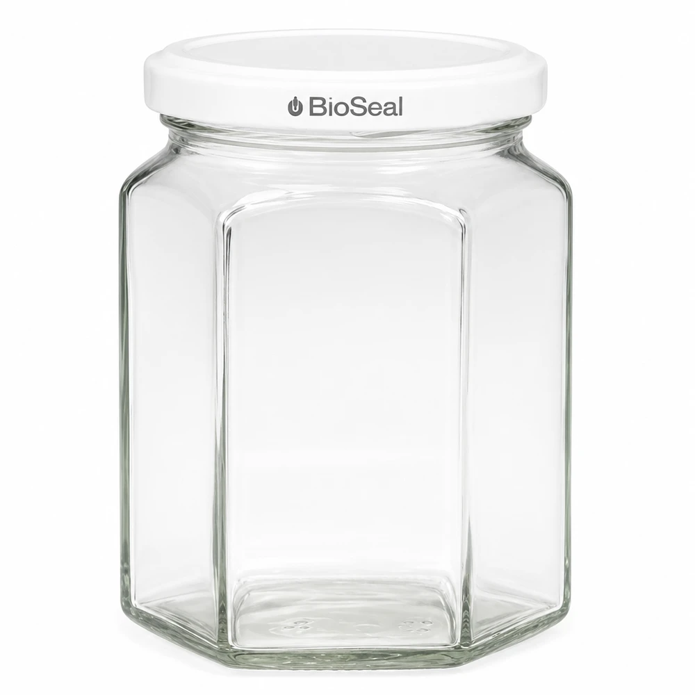 UNiTWIST Hexa288 Einmachglas sechseckig mit weißem TO63 BioSeal Deckel für Marmelade und Konserven