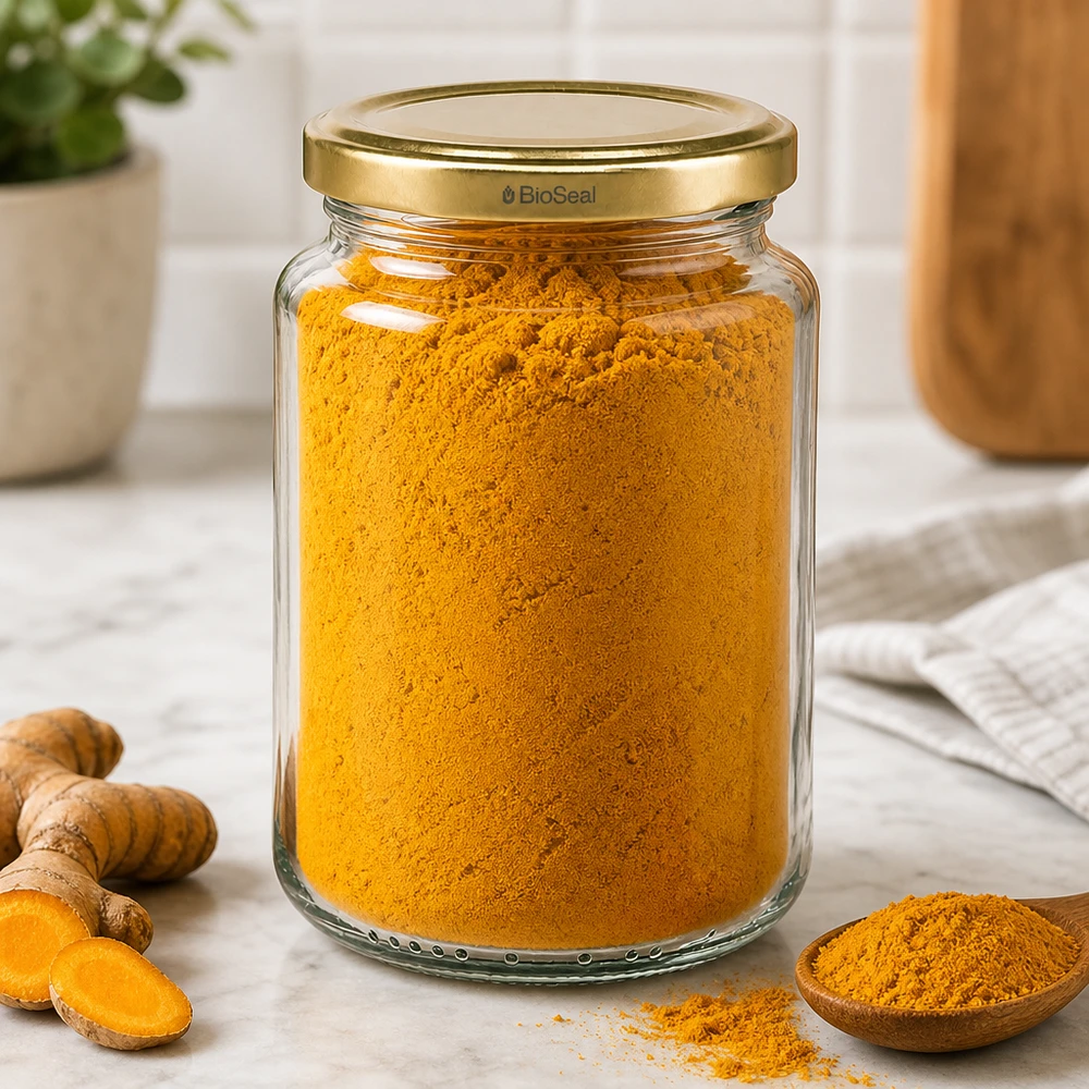 UNiTWIST Runda382 Gewürzglas mit Kurkuma gefüllt, goldener TO66 BioSeal Deckel, Küchentisch mit frischen Gewürzen
