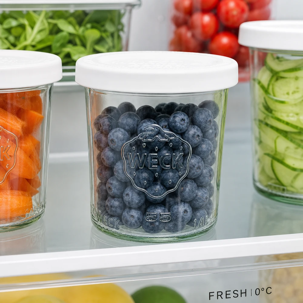 140ml Sturzglas mit Frischedeckel WECK RR60 WECK Sturzglas 140ml RR60 mit Blaubeeren im Kühlschrank - optimale Frischhaltung von Obst und Lebensmitteln