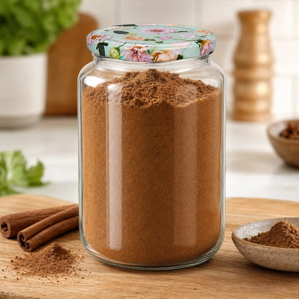 795ml Rundglas mit mint Blumen-Deckel gefüllt mit Zimt-Pulver, daneben Zimtstangen und Schale auf Holzbrett