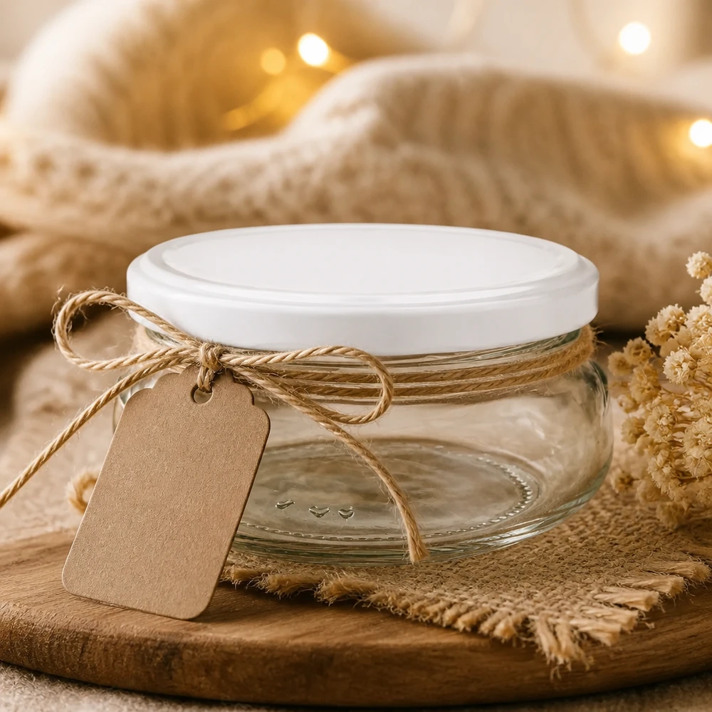Kompaktes UNiTWIST Glas 120ml mit weißem Deckel und Naturdeko als Hochzeitsgeschenk oder Gastgeschenk