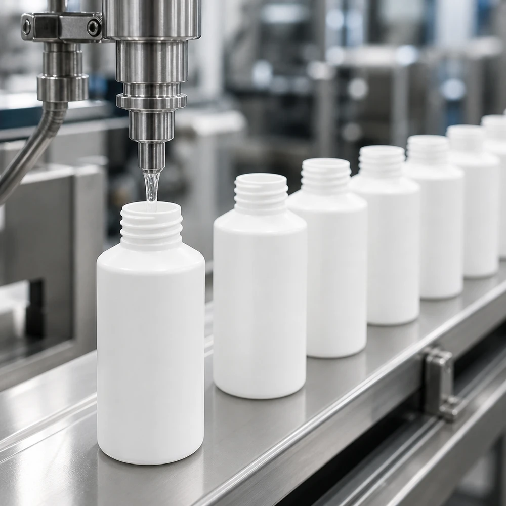 Runde weiße HDPE Apothekenflaschen 50ml ohne Verschluss mit breiter Öffnung auf Förderband