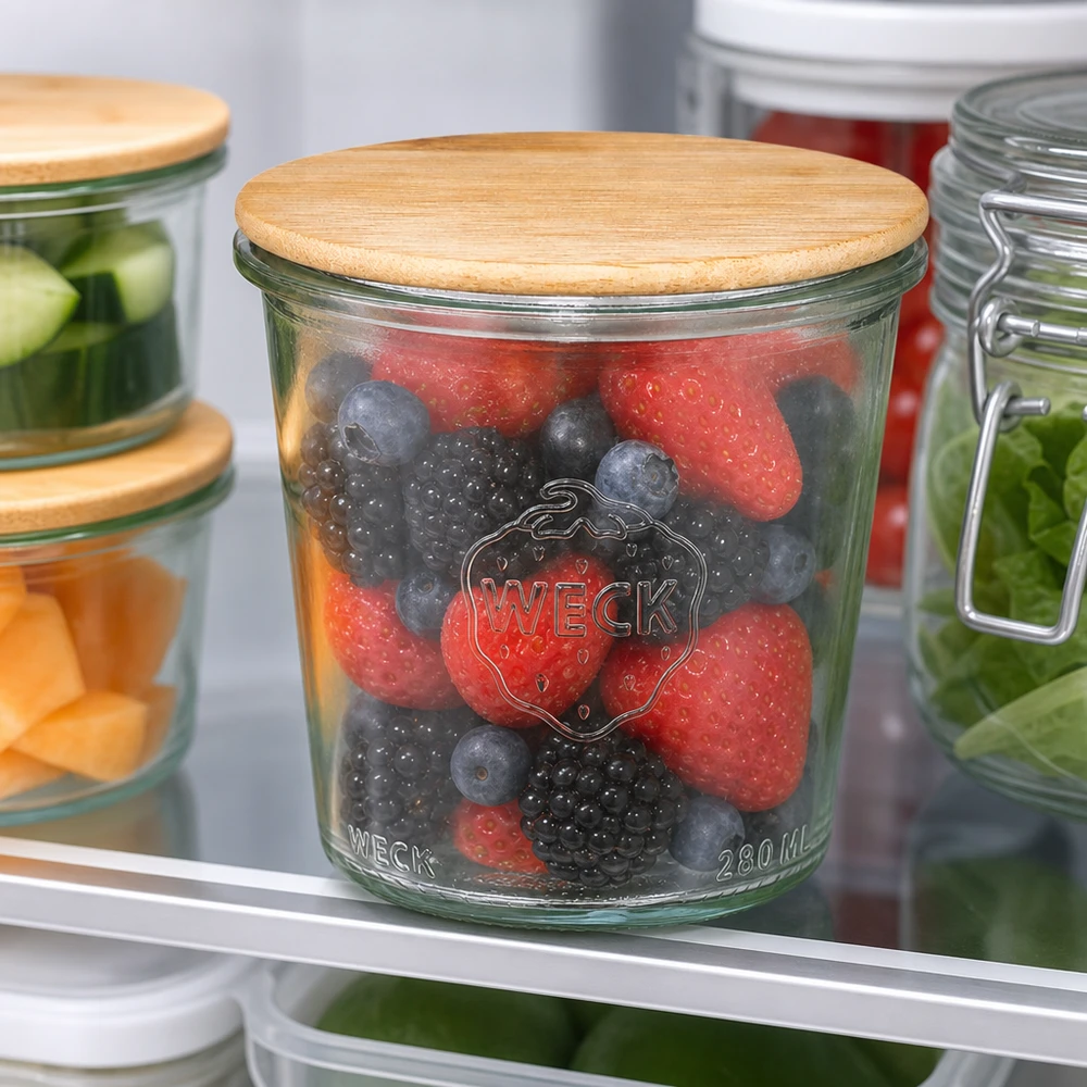 290ml Sturzglas hoch WECK RR80 mit Holzdeckel WECK Sturzglas 290ml RR80 mit Holzdeckel gefüllt mit frischen Beeren im Kühlschrank Aufbewahrung Vorratsglas