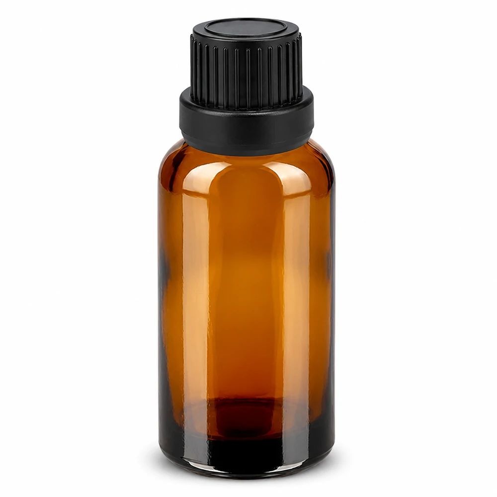 Kompakte 30ml Dosierungsflasche aus Braunglas mit schwarzem Tropfsystem 2mm
