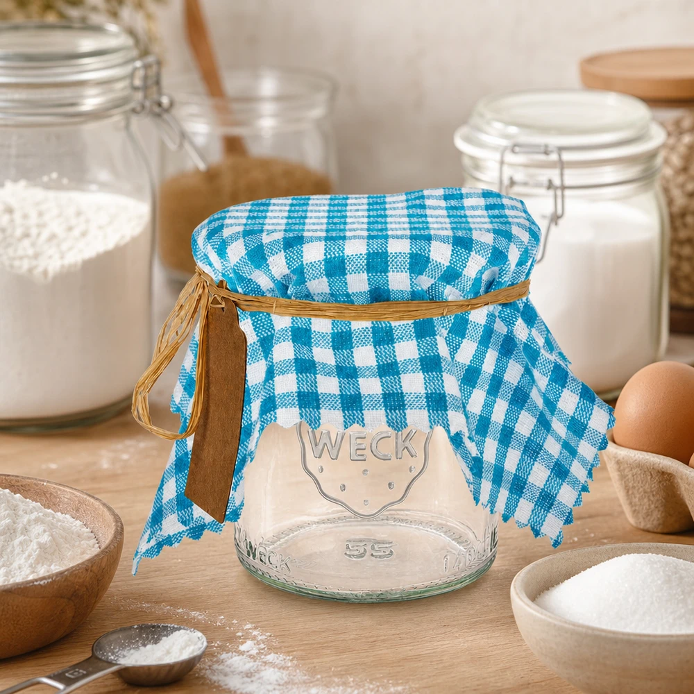 Stoff Schmuckdeckchen türkis-kariert 15cm eckig Türkis-kariertes Stoff Schmuckdeckchen in Küche mit Weckglas, Mehl und Backzutaten als Küchenausstattung