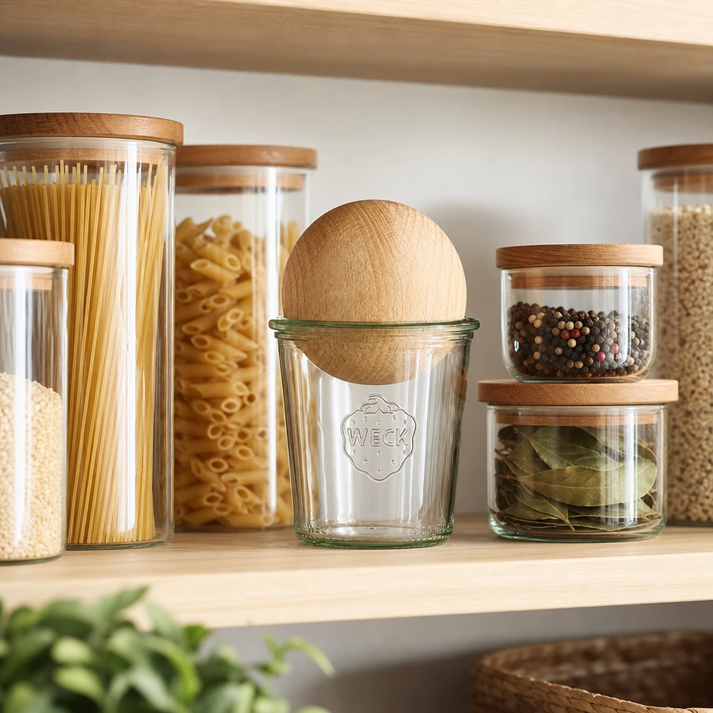 290ml Sturzglas hoch WECK RR80 mit Holzkugel Buche WECK Glas 290ml RR80 mit Buchen-Holzkugel in organisierter Vorratskammer zwischen Gewürz- und Nudelbehältern