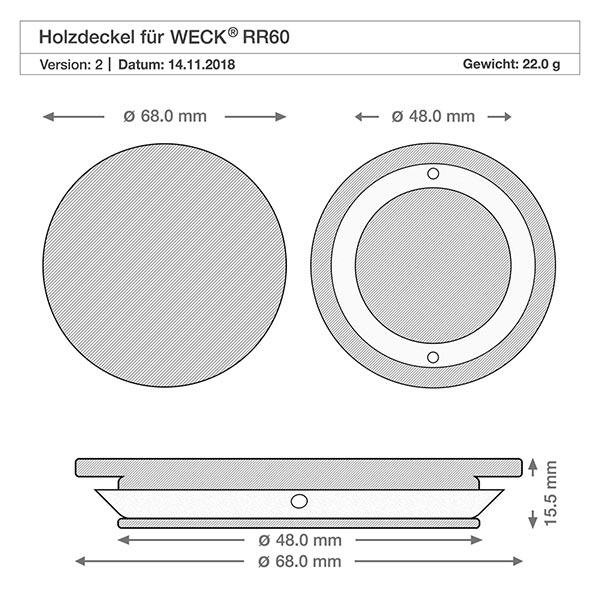 Holzdeckel "Peperoni" für WECK RR60 Technische Zeichnung WECK Holzdeckel RR60 mit Maßangaben 68mm Außendurchmesser 48mm Innendurchmesser 1,5mm Höhe