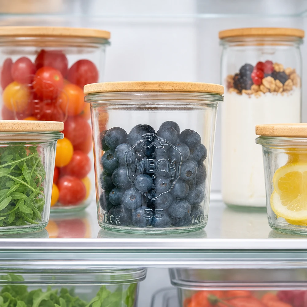 140ml Sturzglas WECK RR60 mit Holzdeckel WECK Sturzglas 140ml RR60 mit Blaubeeren im Kühlschrank zeigt optimale Frischhaltung und Aufbewahrung von Obst