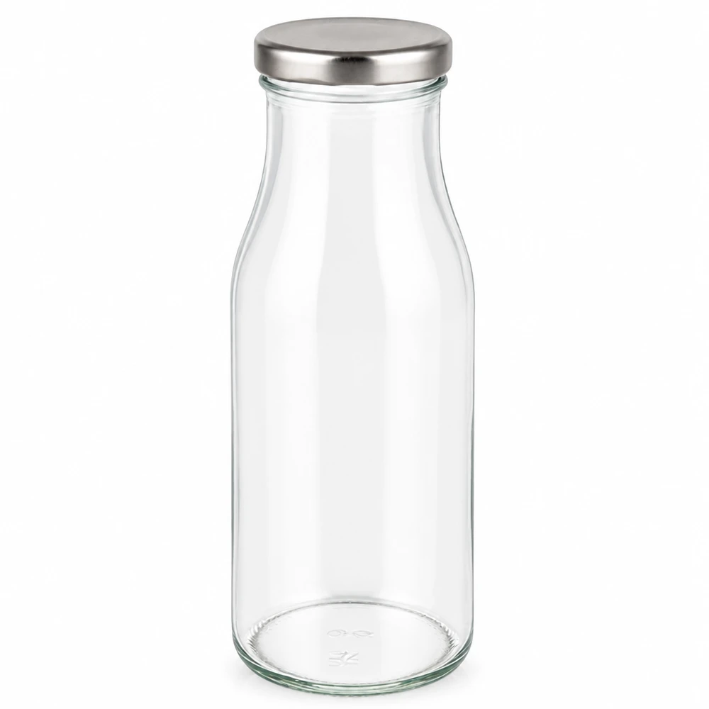UNiTWIST Glasflasche 150ml Milchflaschen-Design mit silbernem Deckel 24 Stück