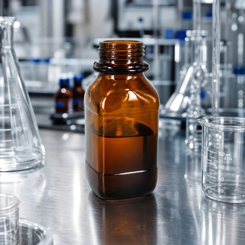 Kompakte 250ml Laborflasche aus getöntem Glas für platzsparende Chemikalienlagerung