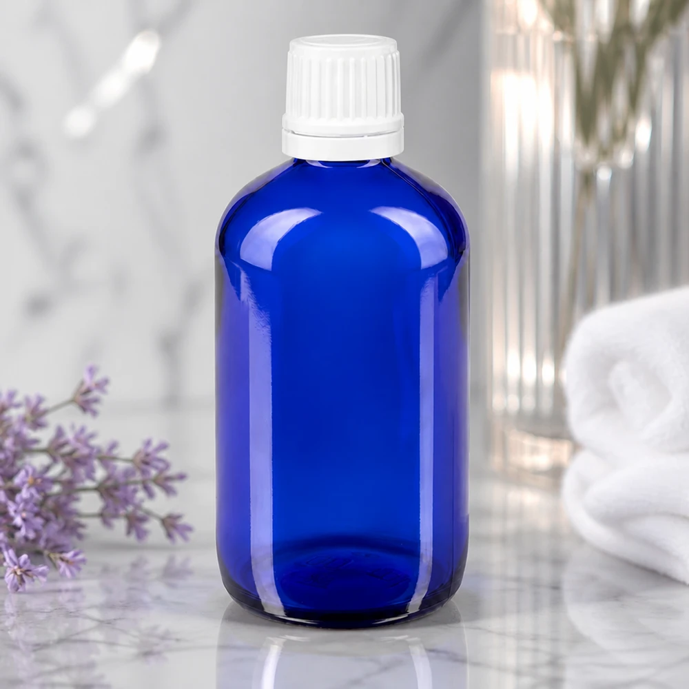 Apothekenflasche blau 20ml Tropfverschluss weiß Kindersicherung Standard Pharmazeutische 20ml Blauglasflasche mit Tropfer und kindersicherem Weißverschluss