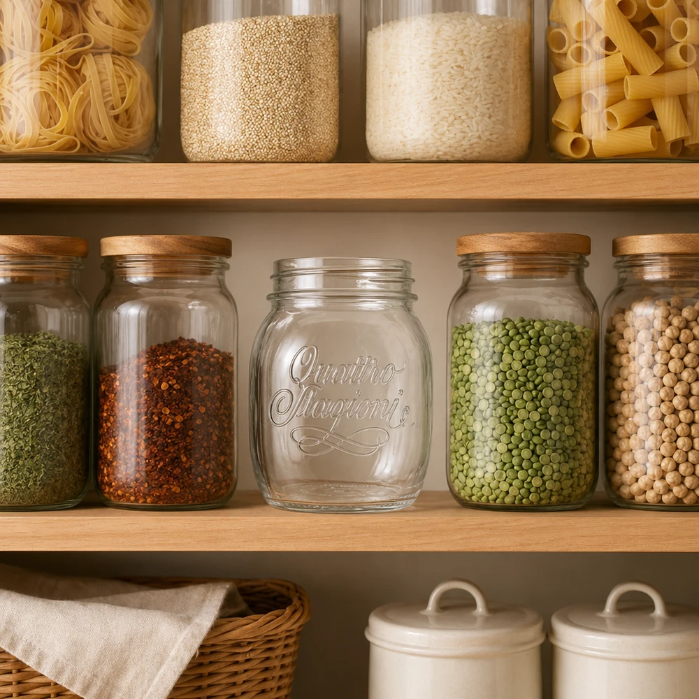 700ml Rundglas "Quattro Stagioni" QS86mm 700ml Quattro Stagioni Haushaltsglas mit Holzdeckel für Vorratshaltung von Hülsenfrüchten und Gewürzen in der Küche