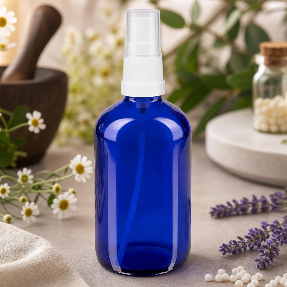 Apothekenflasche blau 100ml Sprayaufsatz weiß Lichtschutz Sprayflasche 100ml aus blauem Glas mit weißem Pumpzerstäuber für Homöopathie