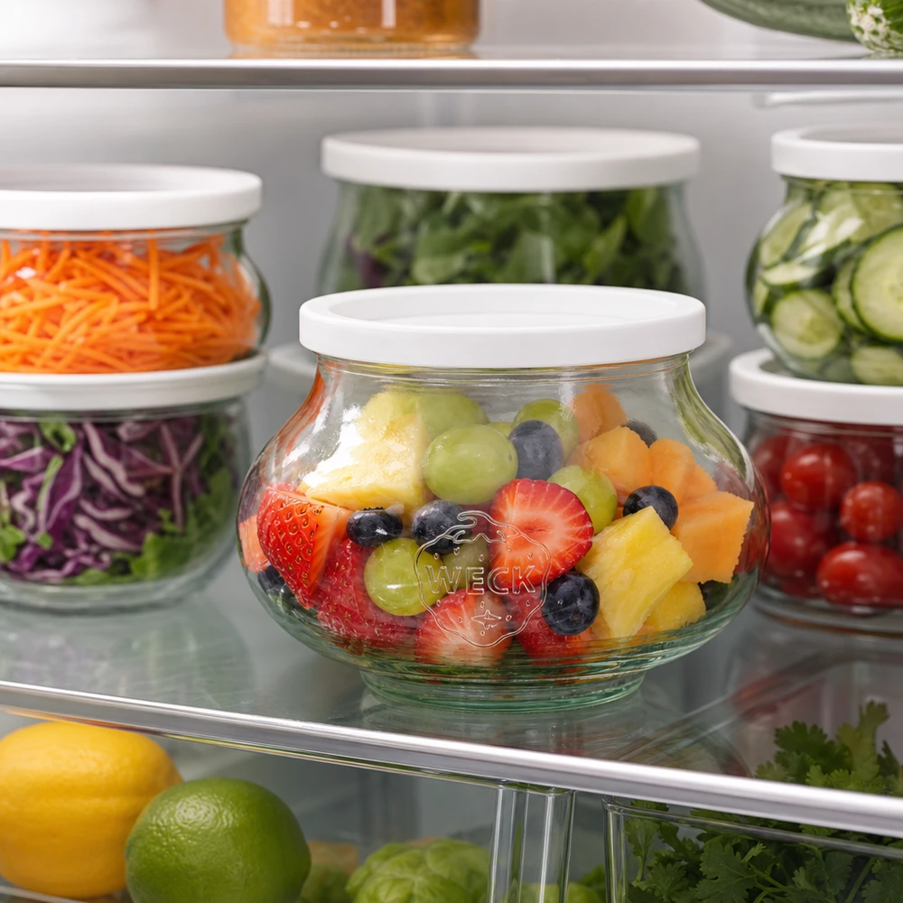 560ml Schmuckglas mit Frischedeckel WECK RR80 WECK Schmuckglas 560ml RR80 mit Obstsalat im Kühlschrank neben anderen Vorratsgläsern mit Gemüse und Salat