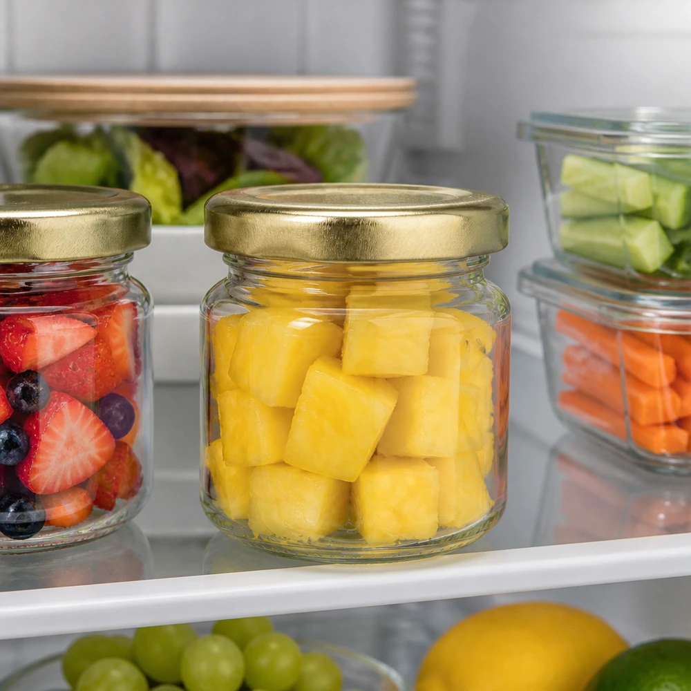 Obst und Gemüse frisch aufbewahrt in kompakten 53ml Gläsern mit goldenem Schraubverschluss
