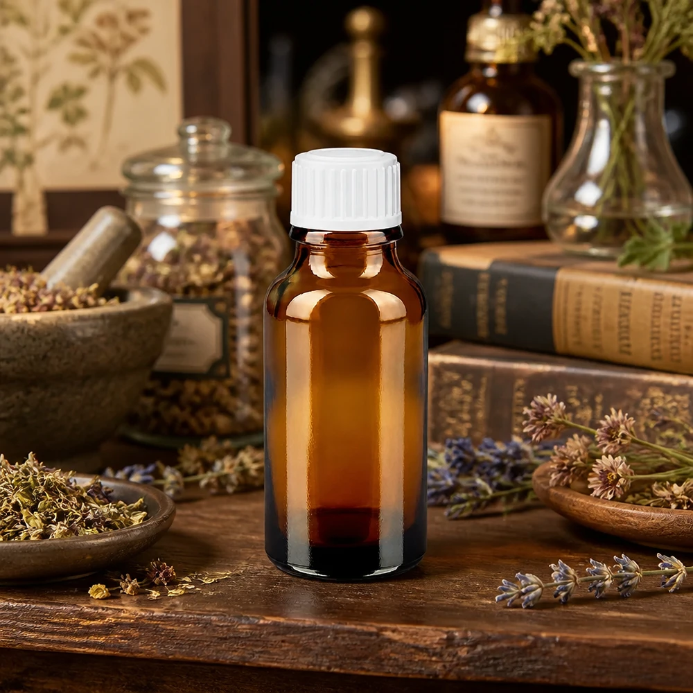 Lichtschutzflasche 20ml Apothekerglas weiß verschlossen neben Lavendel Gewürzen und Naturheilmitteln