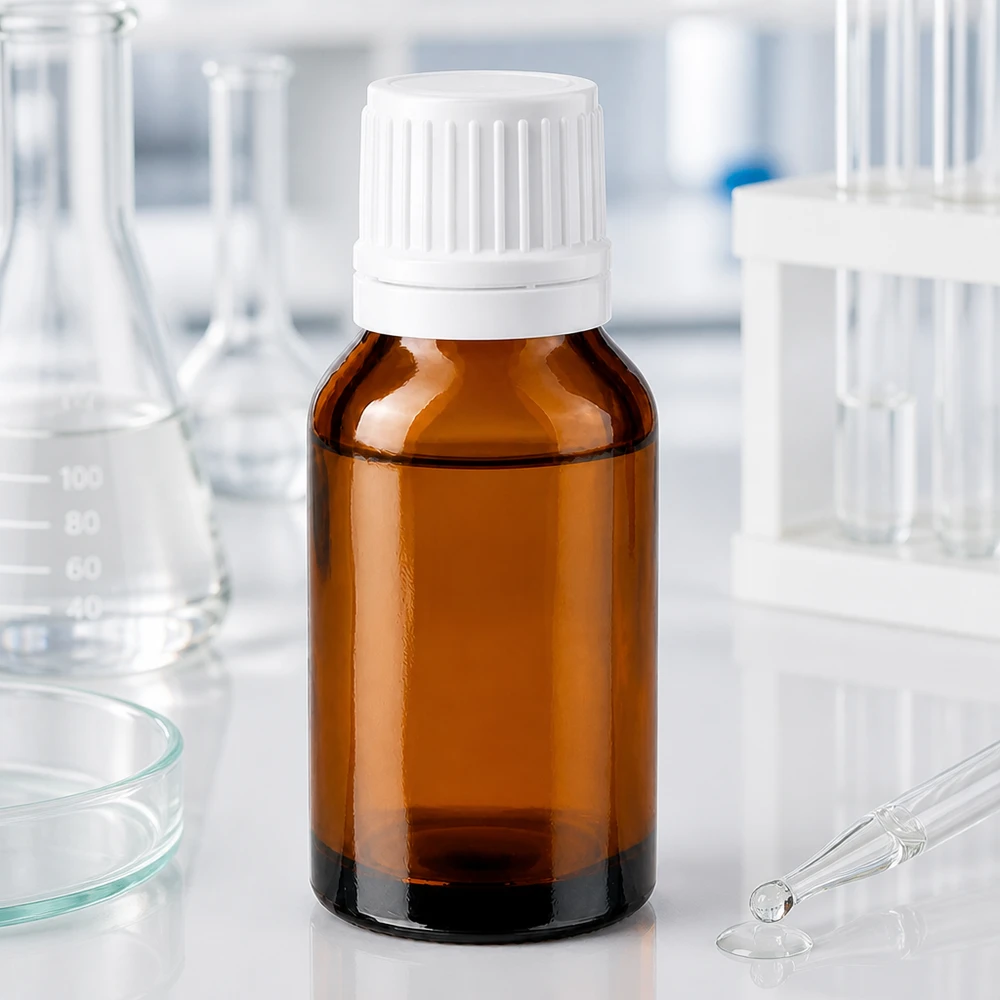 Apothekerflasche Braunglas 30ml mit weißem Schraubverschluss zwischen Laborgeräten
