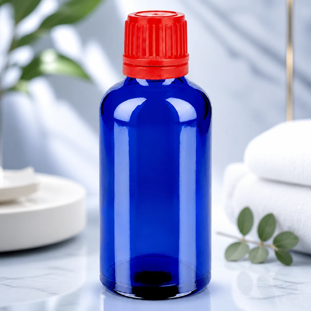 Kosmetik Flasche 50ml kobaltblau mit rotem Verschluss SV 11mm OV BlueLine UT18/50